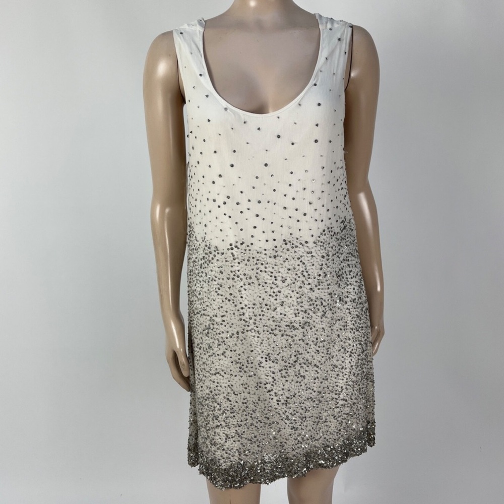 🤍💎 Alice & Olivia Silk Chiffon Silver Beads & Sequins Shift Dress 💎🤍NEW